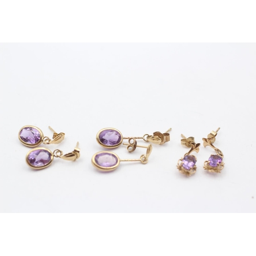 74 - 3 X 9ct Gold Paired Amethyst Earrings Inc. Drop & Stud (2.6g)