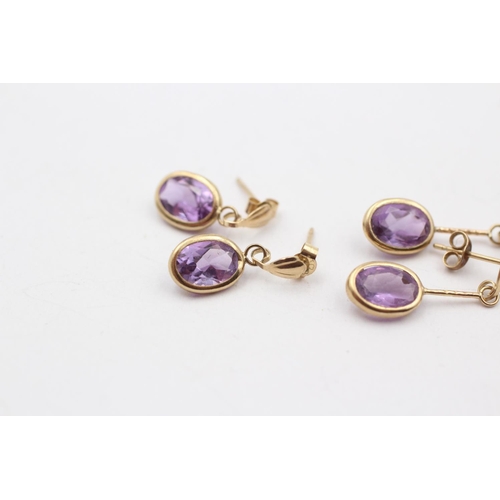 74 - 3 X 9ct Gold Paired Amethyst Earrings Inc. Drop & Stud (2.6g)