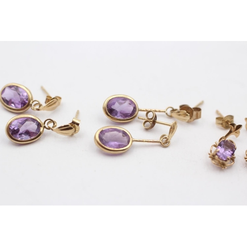 74 - 3 X 9ct Gold Paired Amethyst Earrings Inc. Drop & Stud (2.6g)