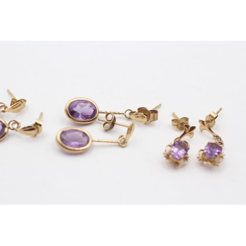 74 - 3 X 9ct Gold Paired Amethyst Earrings Inc. Drop & Stud (2.6g)