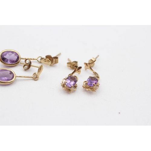 74 - 3 X 9ct Gold Paired Amethyst Earrings Inc. Drop & Stud (2.6g)