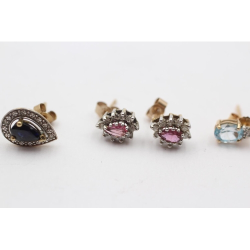 75 - 3 X 9ct Gold Paired Gemstone Earrings Inc. Ruby, Sapphire, Topaz & Diamond (3.4g)