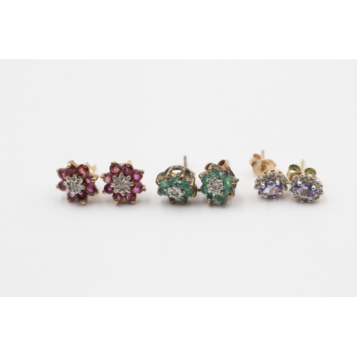 77 - 3 X 9ct Gold Paired Gemstone & Diamond Cluster Stud Earrings Inc. Emerald, Ruby & Tanzanite (4.1g)