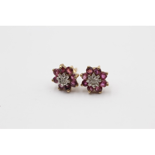 77 - 3 X 9ct Gold Paired Gemstone & Diamond Cluster Stud Earrings Inc. Emerald, Ruby & Tanzanite (4.1g)