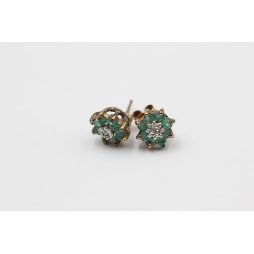 77 - 3 X 9ct Gold Paired Gemstone & Diamond Cluster Stud Earrings Inc. Emerald, Ruby & Tanzanite (4.1g)