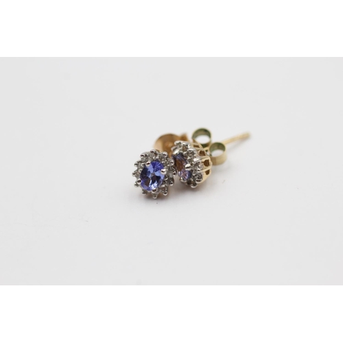 77 - 3 X 9ct Gold Paired Gemstone & Diamond Cluster Stud Earrings Inc. Emerald, Ruby & Tanzanite (4.1g)