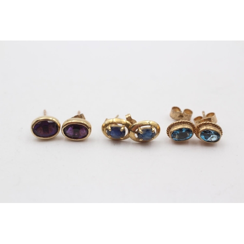 87 - 3 X 9ct Gold Paired Gemstone Stud Earrings Inc. Topaz, Sapphire & Amethyst (3.6g)