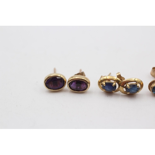 87 - 3 X 9ct Gold Paired Gemstone Stud Earrings Inc. Topaz, Sapphire & Amethyst (3.6g)