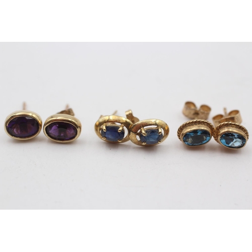 87 - 3 X 9ct Gold Paired Gemstone Stud Earrings Inc. Topaz, Sapphire & Amethyst (3.6g)