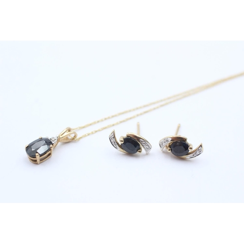 89 - 9ct Gold Sapphire & Diamond Pendant Necklace And Earrings Set (1.9g)