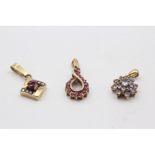 90 - 3 X 9ct Gold Gemstone Pendants Inc. Ruby, Tanzanite & Diamond (4.7g)