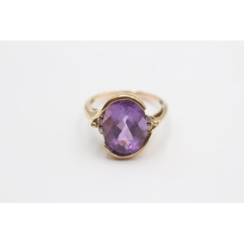 101 - 9ct Gold Amethyst Single Stone Ring With Diamond Accents (3.8g) Size  M 1/2