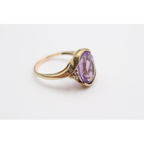 101 - 9ct Gold Amethyst Single Stone Ring With Diamond Accents (3.8g) Size  M 1/2