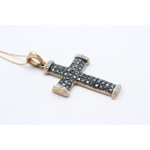 126 - 9ct Gold Diamond & Enhanced Blue Diamond Cross Pendant Necklace (3.8g)