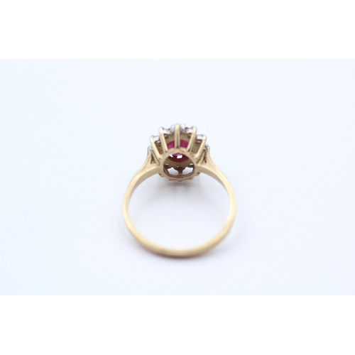 128 - 9ct Gold Diamond & Ruby Oval Cluster Ring (2.5g) Size  M