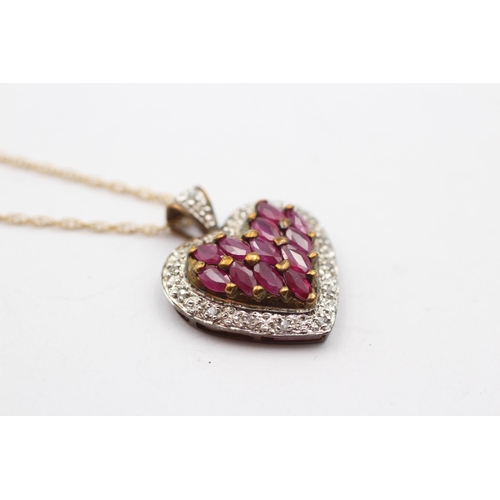 151 - 9ct Gold Diamond & Synthetic Ruby Heart Pendant Necklace (2.7g)