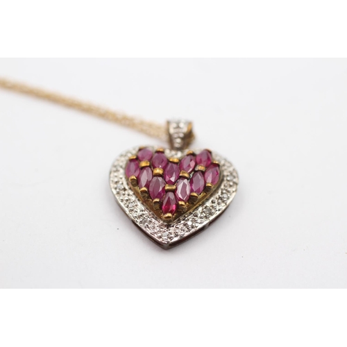 151 - 9ct Gold Diamond & Synthetic Ruby Heart Pendant Necklace (2.7g)