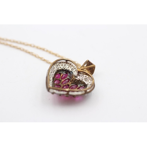 151 - 9ct Gold Diamond & Synthetic Ruby Heart Pendant Necklace (2.7g)