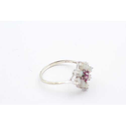 162 - 9ct White Gold White Opal & Ruby Cluster Ring (2.5g) Size  S 1/2