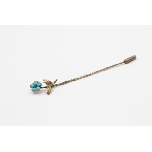 165 - 15ct Rose And Green Gold Victorian Turquoise Set Forget-Me-Not Stick Pin (1.2g)