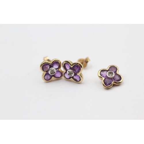 169 - 2 X 9ct Gold Amethyst And Diamond Set Matching Pendant And Earring Set (2.2g)