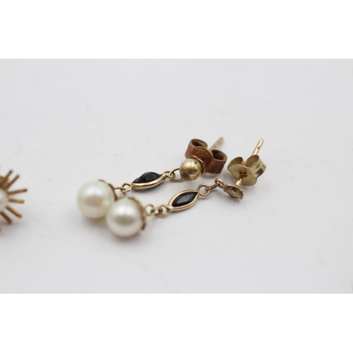 19 - 2 X 9ct Gold Cultured Pearl And Sapphire Set Earrings - As Seen (2.2g)