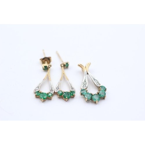 1 - 9ct Gold Emerald & Diamond Pendant And Drop Earrings Set (2.4g)