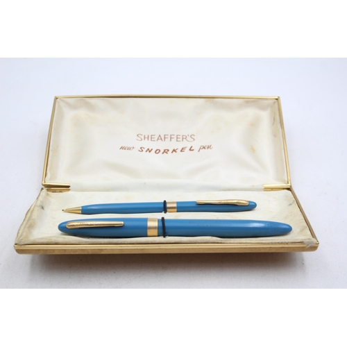 326 - Vintage SHEAFFER Snorkel Blue FOUNTAIN PEN w/ 14ct Gold Nib, Pencil, Box Etc