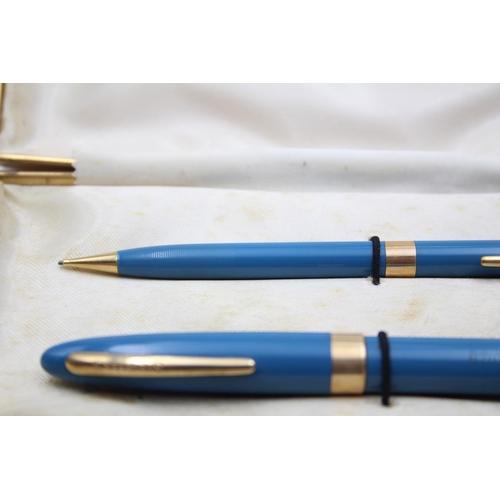 326 - Vintage SHEAFFER Snorkel Blue FOUNTAIN PEN w/ 14ct Gold Nib, Pencil, Box Etc