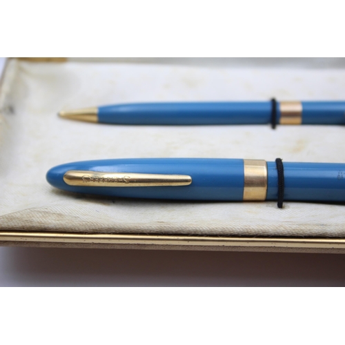 326 - Vintage SHEAFFER Snorkel Blue FOUNTAIN PEN w/ 14ct Gold Nib, Pencil, Box Etc