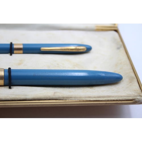 326 - Vintage SHEAFFER Snorkel Blue FOUNTAIN PEN w/ 14ct Gold Nib, Pencil, Box Etc