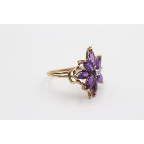 35 - 9ct Gold Marquise Cut Amethyst And Diamond Set Floral Cluster Ring (2.4g) Size O