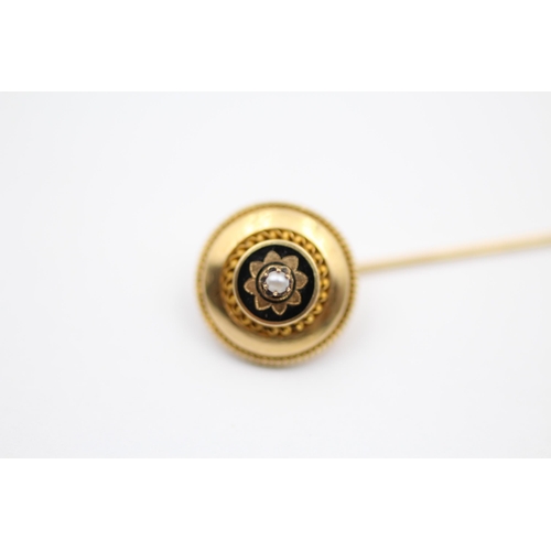 49 - 14ct Gold Pearl & Black Enamel Mourning Lapel Pin (2.3g)