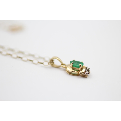 52 - 14ct Gold Emerald & Diamond Pendant On 9ct Chain (1.4g)