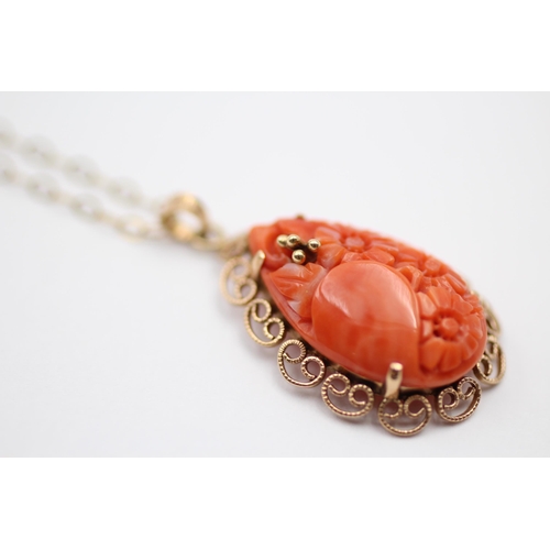 54 - 14ct Gold Carved Coral Floral Teardrop Pendant On 9ct Chain (6.9g)