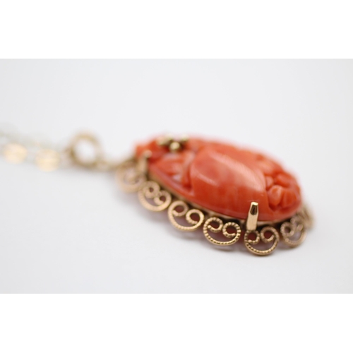 54 - 14ct Gold Carved Coral Floral Teardrop Pendant On 9ct Chain (6.9g)