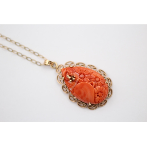 54 - 14ct Gold Carved Coral Floral Teardrop Pendant On 9ct Chain (6.9g)