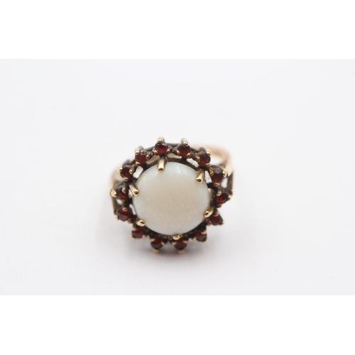 80 - 9ct Gold White Opal & Garnet Halo Ring (4g) Size K+1/2