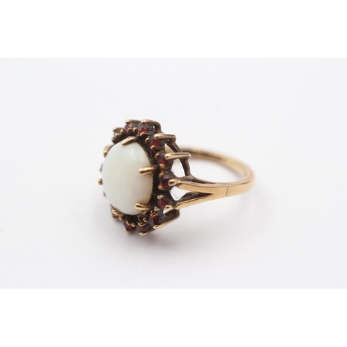 80 - 9ct Gold White Opal & Garnet Halo Ring (4g) Size K+1/2