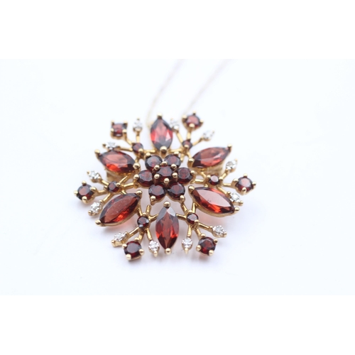 81 - 9ct Gold Diamond & Garnet Floral Cluster Pendant Necklace/Brooch (5.4g)