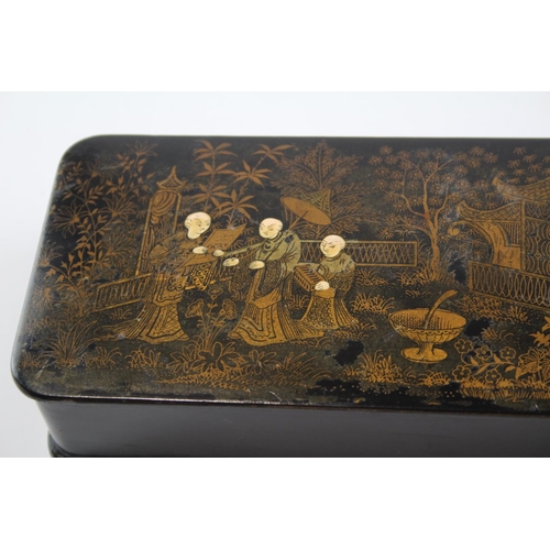 184 - Antique Lacquered Chinoiserie East Asian Glove Box W/ Carved Stretcher & Gloves