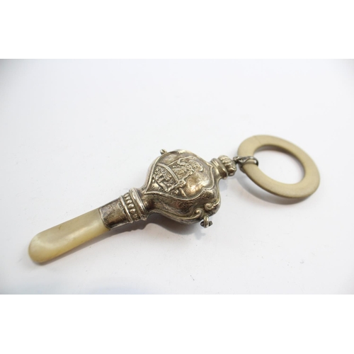 213 - Vintage 1937 Birmingham Sterling Silver Baby's Rattle w/ Mop, Ivorine (54g)