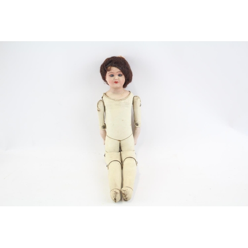 224 - Antique Leather Jointed Body Bisque Doll With Bisque Arms Inc Original Hair