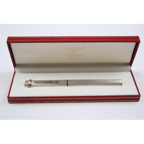 232 - Must De CARTIER Silver Plated Fountain Pen w/ 14ct Gold Nib In Original Box 25g