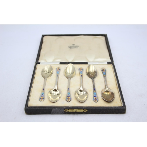 252 - 6 x Vintage 1930 Birmingham Sterling Silver Guilloche Enamel Spoons (45g)