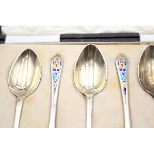 252 - 6 x Vintage 1930 Birmingham Sterling Silver Guilloche Enamel Spoons (45g)