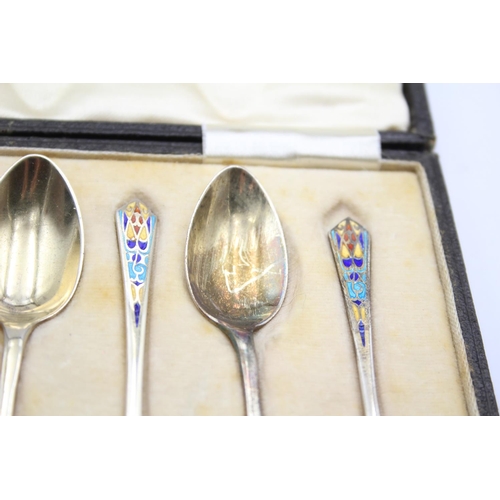 252 - 6 x Vintage 1930 Birmingham Sterling Silver Guilloche Enamel Spoons (45g)