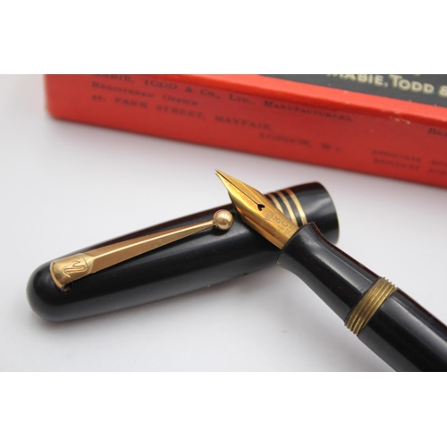 296 - Vintage MABIE TODD Swan Self Filler Black FOUNTAIN PEN w/ 14ct Gold Nib WRITING