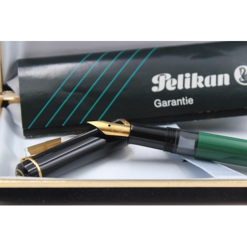 300 - Vintage PELIKAN M-150 Green & Black Fountain Pen w/ F Gold Plate Nib WRITING