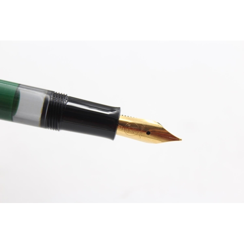 300 - Vintage PELIKAN M-150 Green & Black Fountain Pen w/ F Gold Plate Nib WRITING